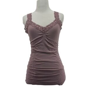 M. Rena Women One Size S Y2K Cami Tank Top Mauve Lace Trim Ruched Ribbed Fairy